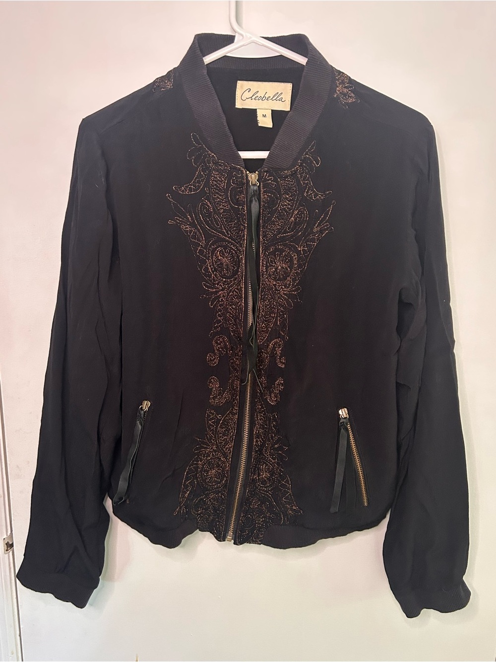 CLEOBELLA BLACK BOMBER JACKET WITH BRONZE EMBROIDERY SIZE MEDIUM